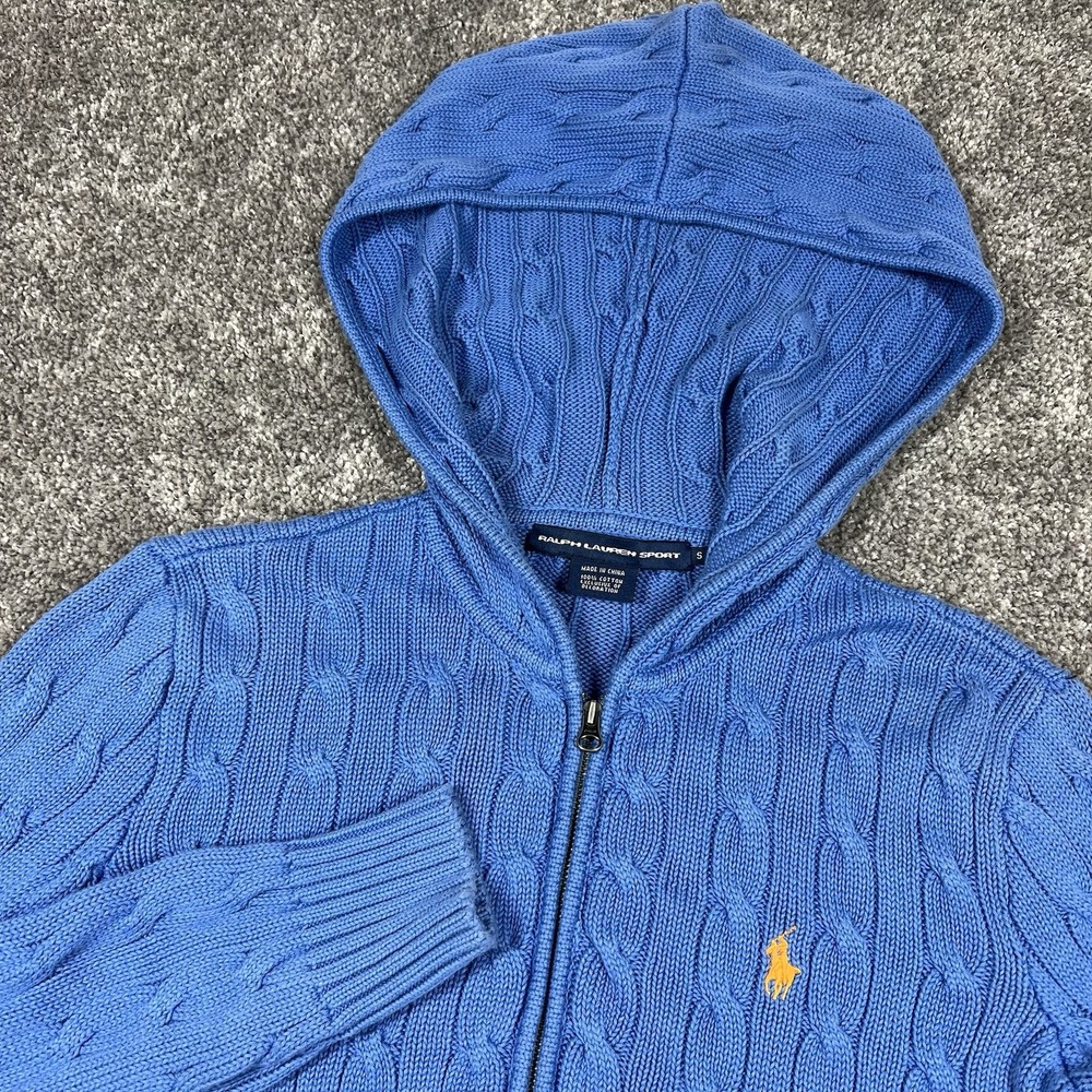 Vintage Polo Ralph Lauren Sport Full Zip Cable Knit Hoodie Women's S Light Blue